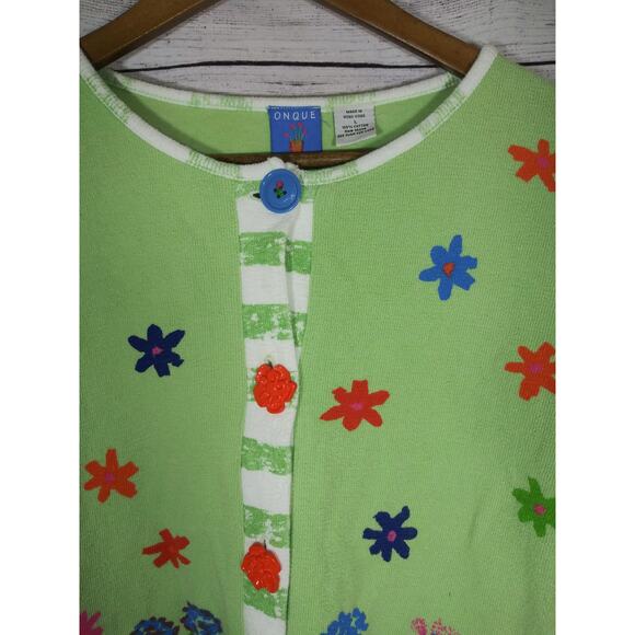 Vintage Onque Casuals Green & Orange Floral Print Grandma Cardigan Sz Large - Picture 4 of 10